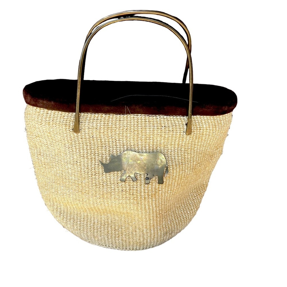 Zawadee Hand Woven Tote Bag/Purse-Brass handles Brass Rhinoceros. Rare!